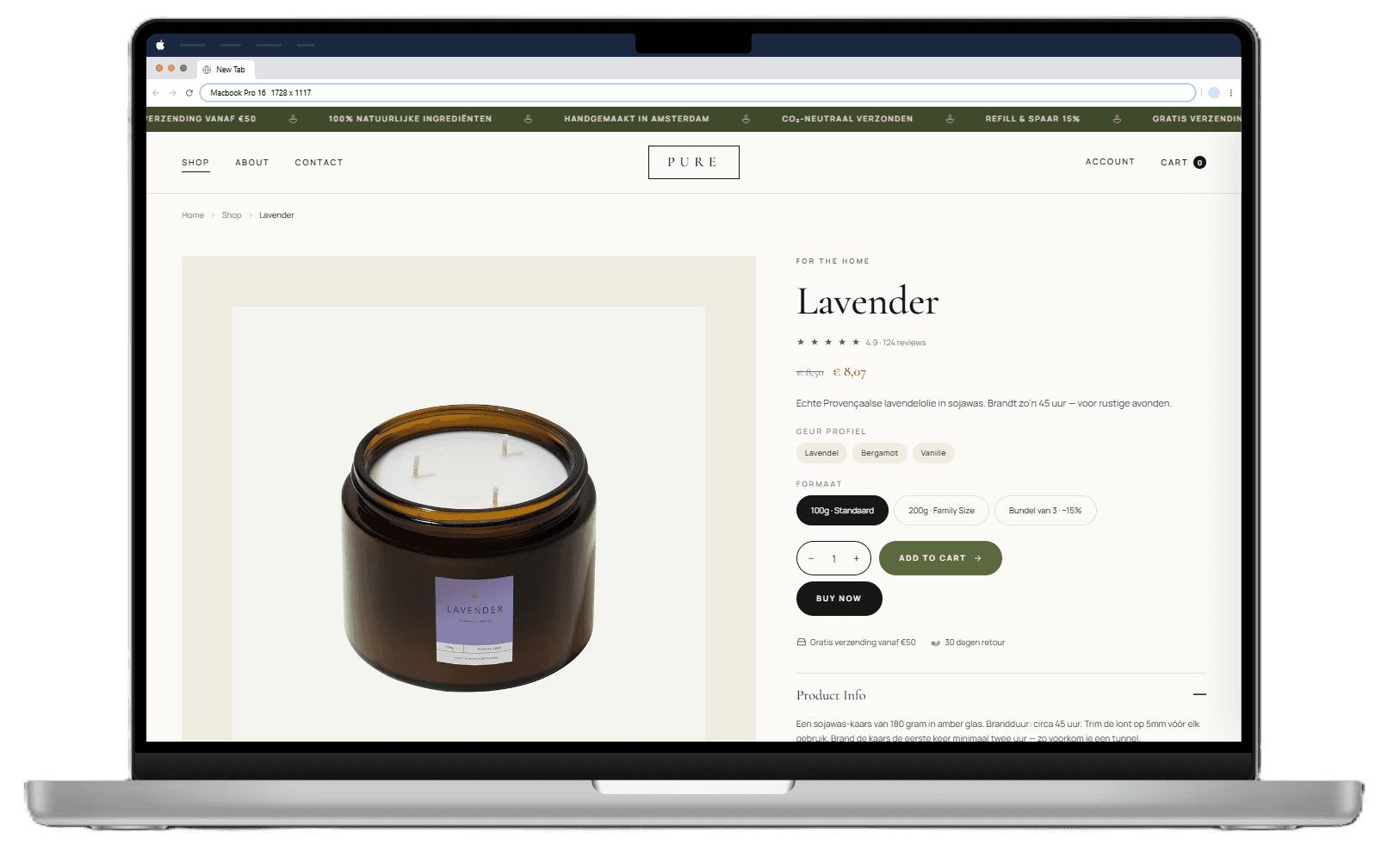 Pure Product Page desktop view