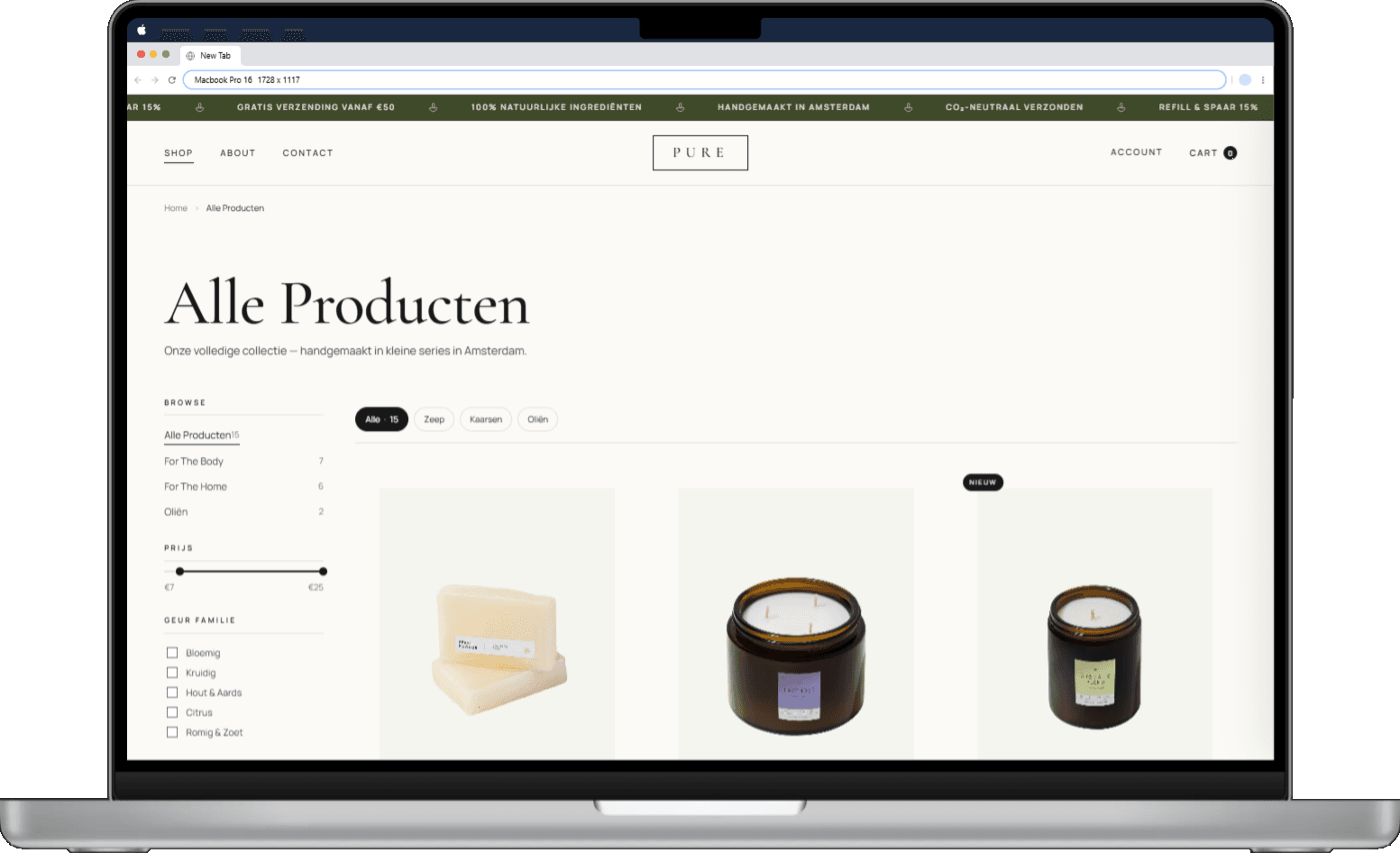 Pure Shop Page desktop view