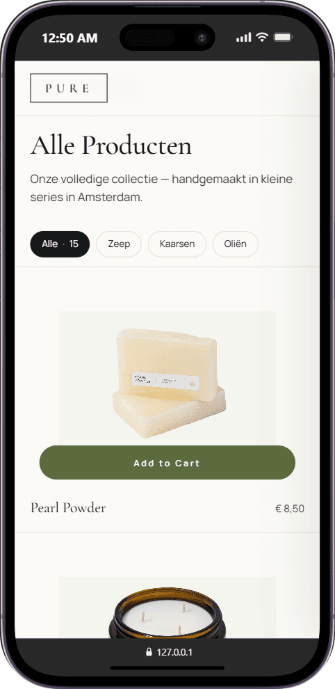 Pure Shop Page mobile view