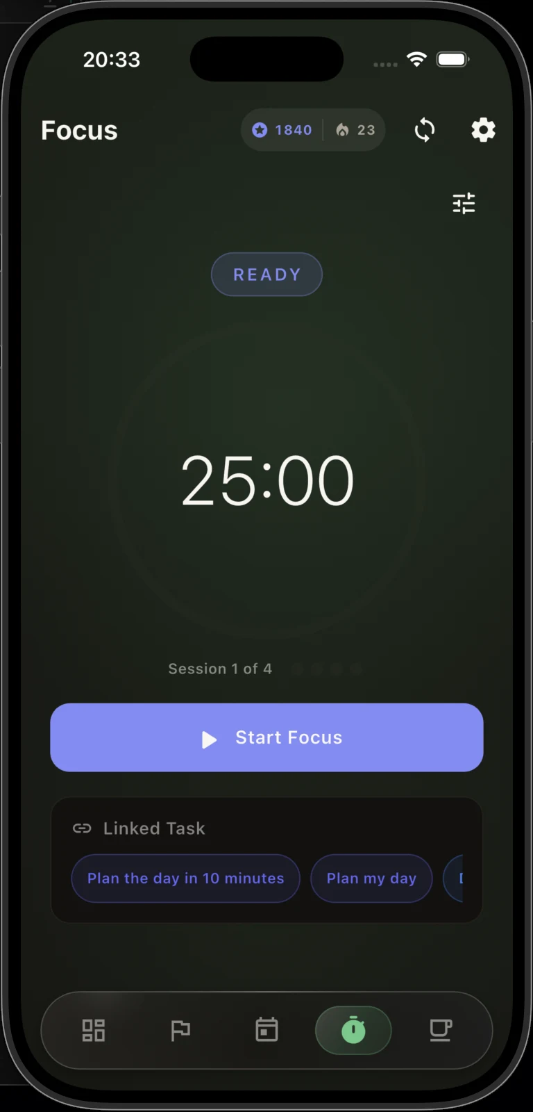 Enkrio Focus screen