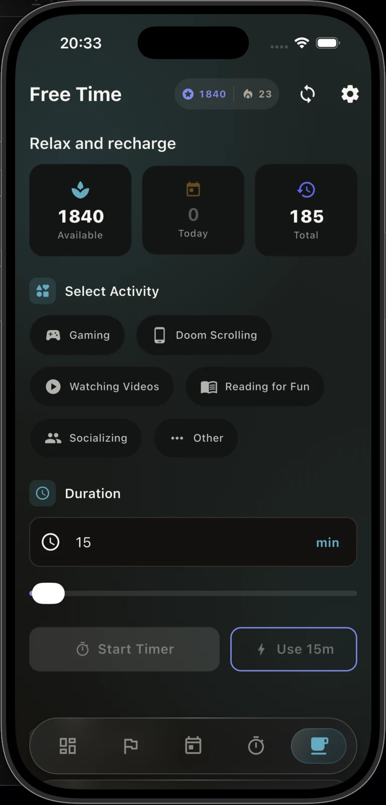 Enkrio Free time screen
