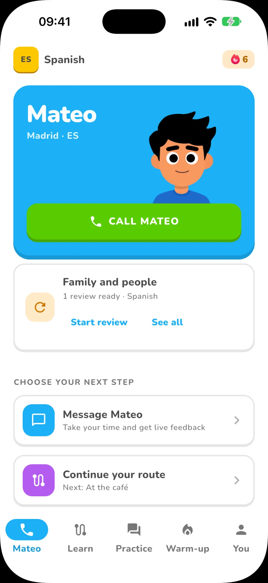 Filomou home screen with Mateo